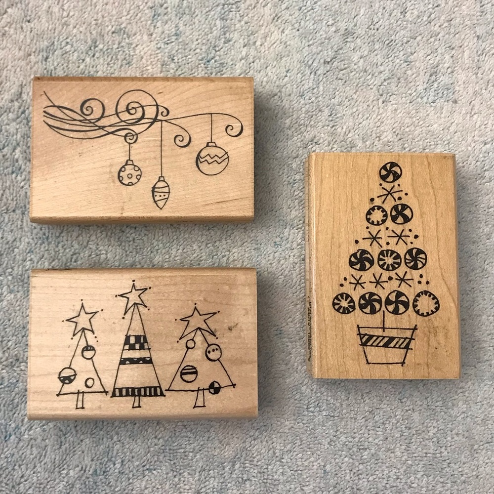 Three Christmas Tree/Ornaments Rubber Stamps Mounted on Wooden Blocks